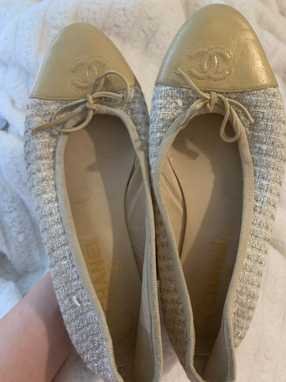 Chanel Gold Tweed Ballet Flats Size 37 Good Condition